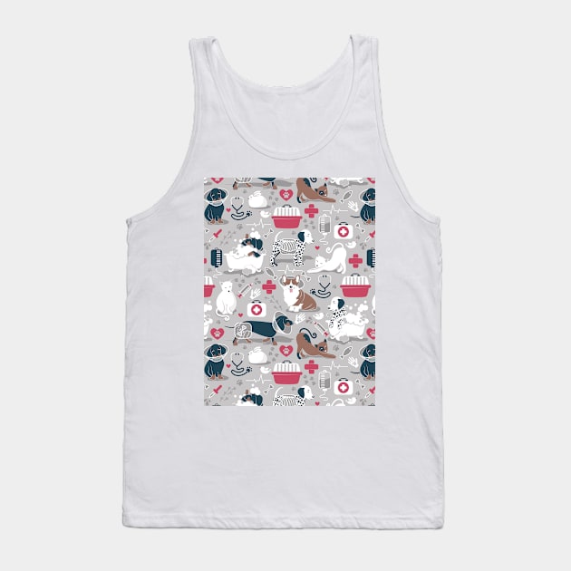 Veterinary medicine, happy and healthy friends // pattern // grey background red details navy blue white and brown cats dogs and other animals Tank Top by SelmaCardoso